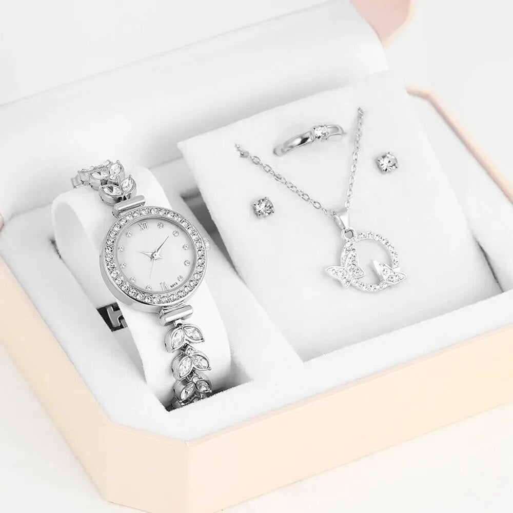 Conjunto Relógio de Luxo Feminino 5 Peças [ Relógio, anel, colar, brincos strass]